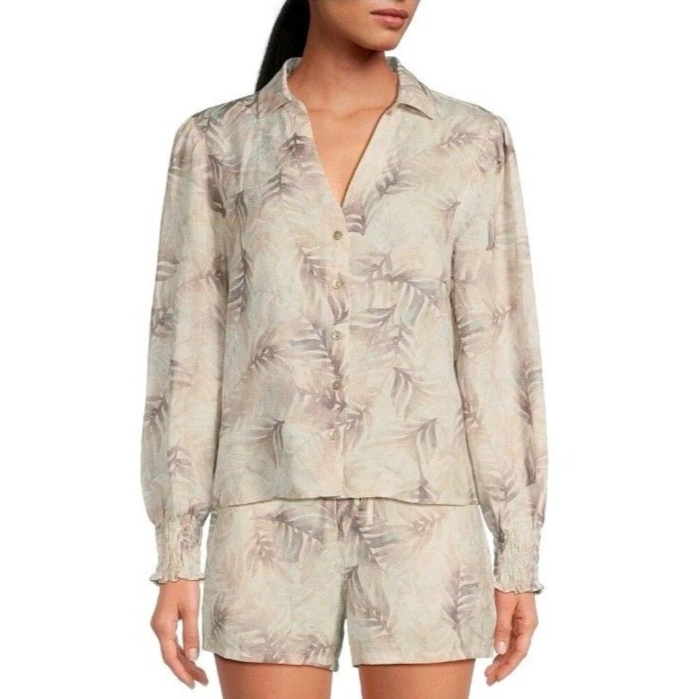 Anthropologie Cloth And Stone Short Set Linen Blend Botanical Palm Print XL D310